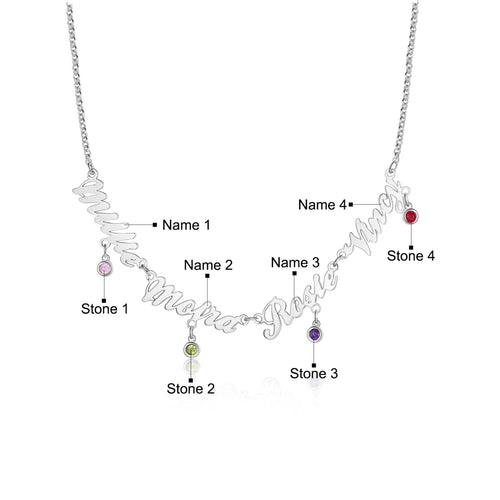 Family Names Necklace with Birthstones Sterling Silver
