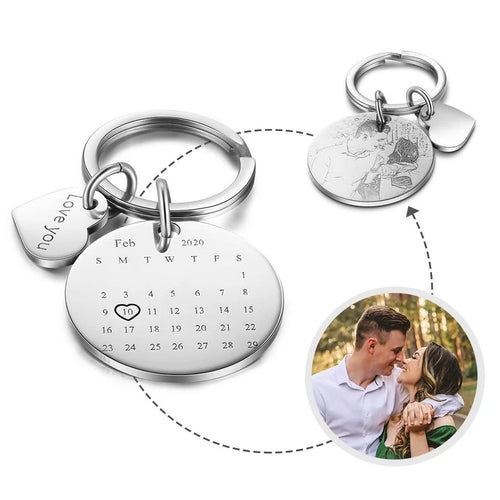 Custom Photo Calendar Keychain with Love you Charm- Round Edition