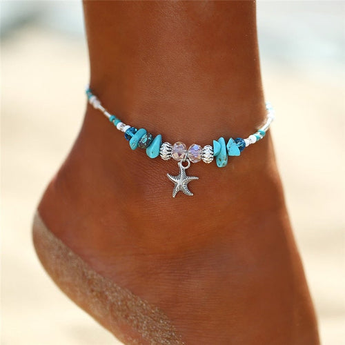 Genuine Turquoise & Crystal Beaded Starfish Ankle