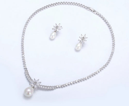 Pearl and Cubic Zirconia Necklace and Earring Set