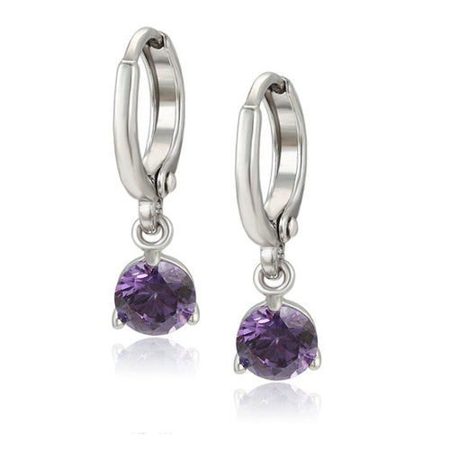 Dangling Amethyst CZ Huggie Hoop Earrings Silver