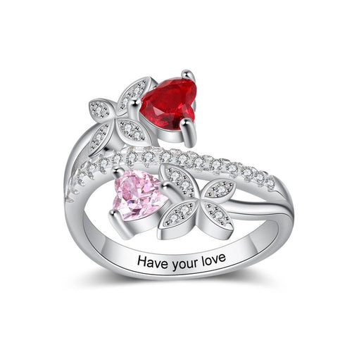Personalized Butterfly Engraved Ring with 2 Heart Birthstones