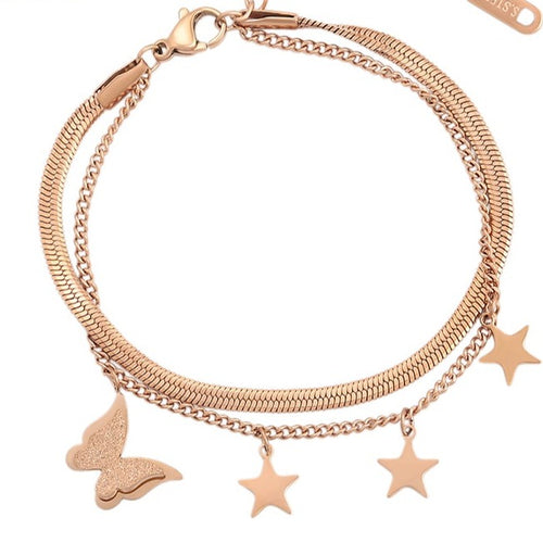 Two layered Rose Gold Bracelet with Stars and Butterfly Charm