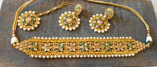 Golden Polki Necklace, Green Tumbled Drop Earrings and Maang Tikka Set