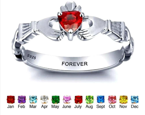 Personalized Sterling Silver Claddagh Ring with Birthstone and Message