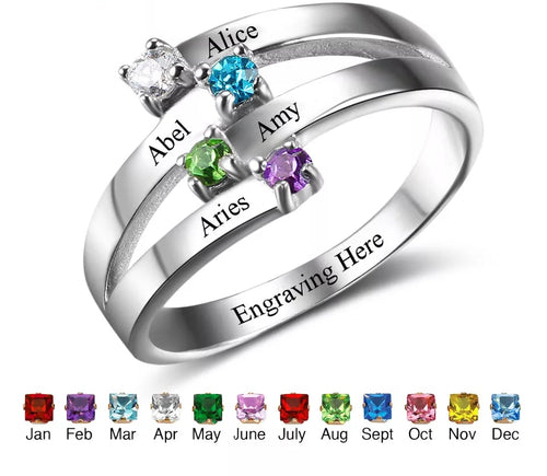 Personalized Sterling Silver Family names Ring with Birthstones