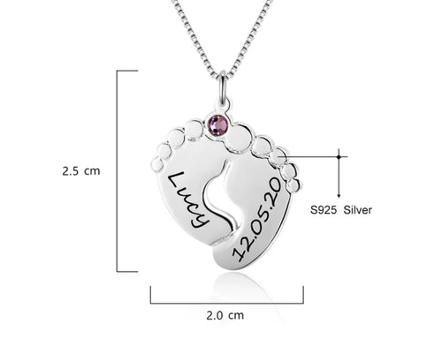 Engraved Baby Feet Family Necklace With Birthstone Sterling Silver