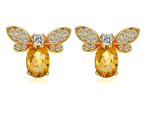 Sterling Silver 14k Gold plated Honey Bee Earrings with Citrine stone