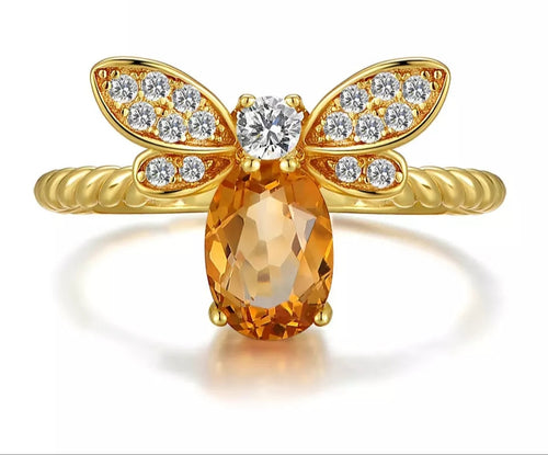 Citrine Sterling Silver 14K Gold plated Honey Bee Ring