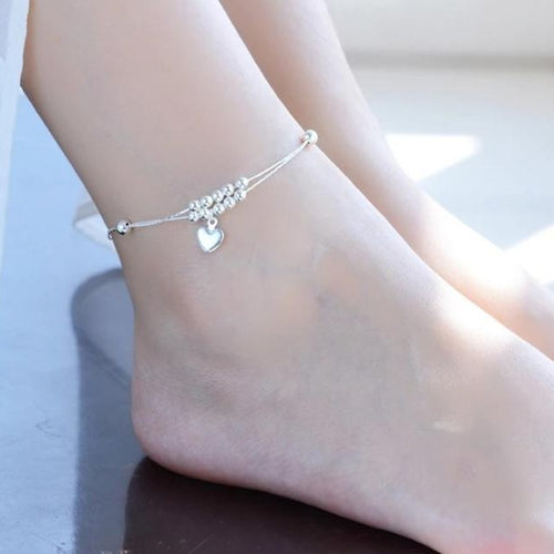 925 Sterling Silver Simple Heart Beads Anklet Bracelet