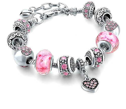 Silver Pink Charms Bracelet