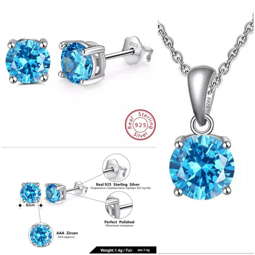 Sterling Silver Birthstone Stud Earrings and Necklace Set