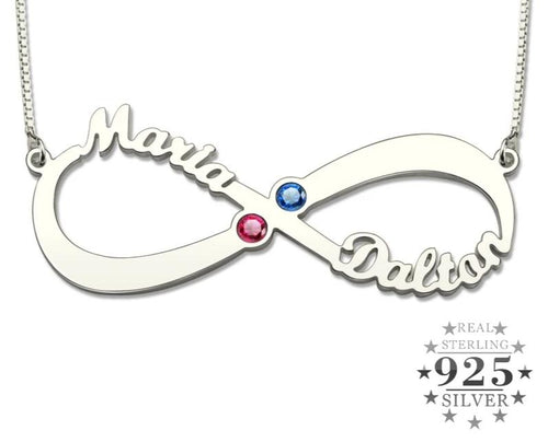Sterling Silver Infinity Necklace with Two Names and Birthstones