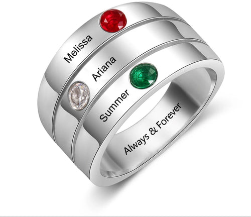 Personalized Sterling Silver Family names Ring with Birthstones