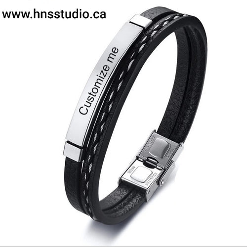 Engraved Bracelet for Men in Stainless Steel and Black leather