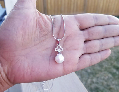 Freshwater Pearl and Cubic Zirconia Drop Pendant Necklace