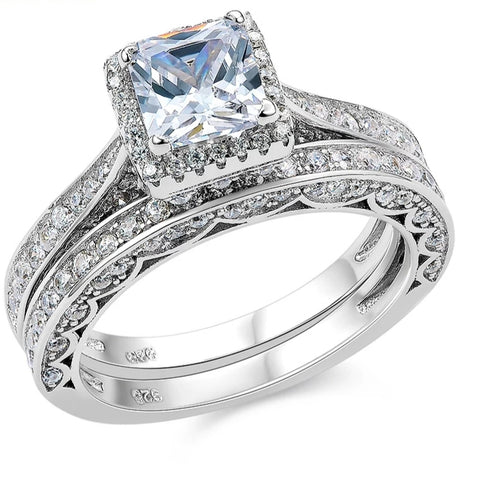 1.8 Carats Princess Cut Sterling Silver Women's Wedding Ring Set