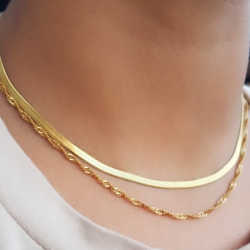 Gold Filled Herringbone and Singapore Necklace Set