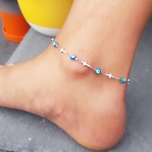 Blue Evil Eye and Cross Anklet