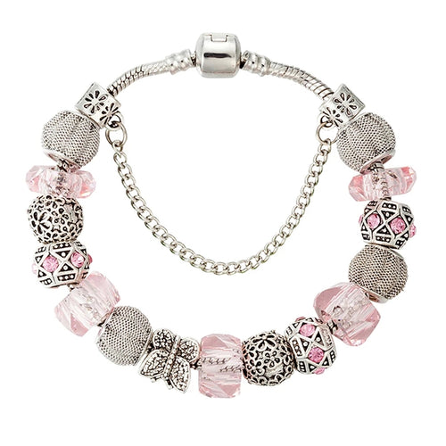 Pink Butterfly Silver Charm Bracelet for Women