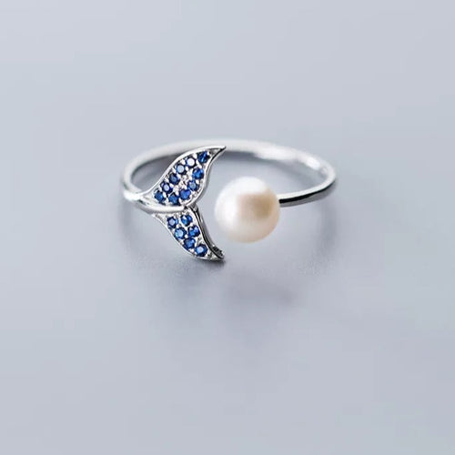 Sterling Silver Mermaid Tail and Pearl Adjustable Ring