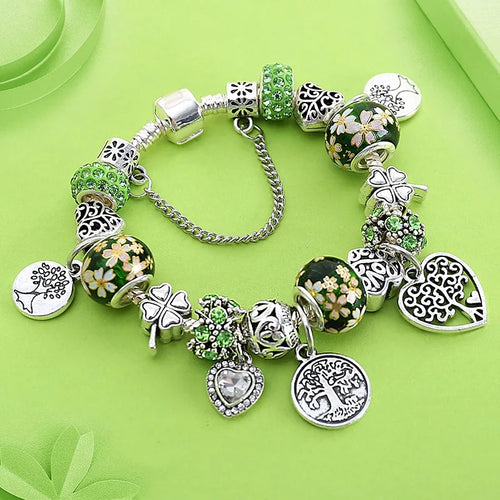 Tree of Life Charm Bracelet with European Green Beads