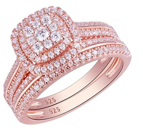 1.6 Carats Rose Gold on Sterling Silver Women's Wedding Ring Set
