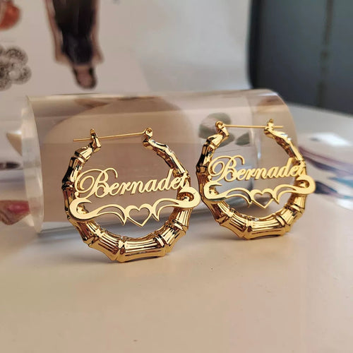 Gold Large Bamboo Name Hoop Earrings with Heart