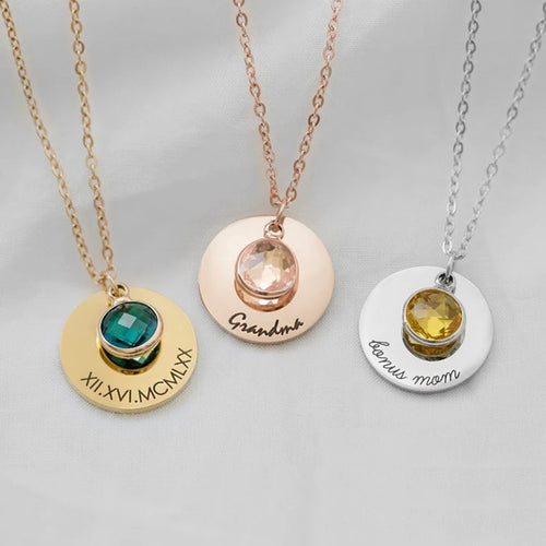 Name Disc Pendant Necklace with Birthstone