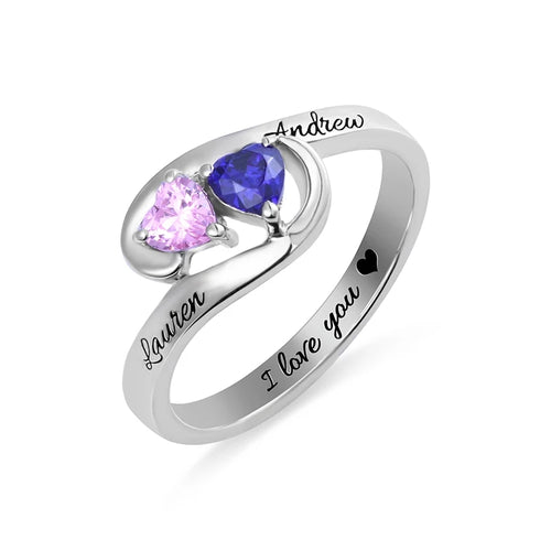 Pair of Hearts Sterling Silver Ring with Birthstones and Names
