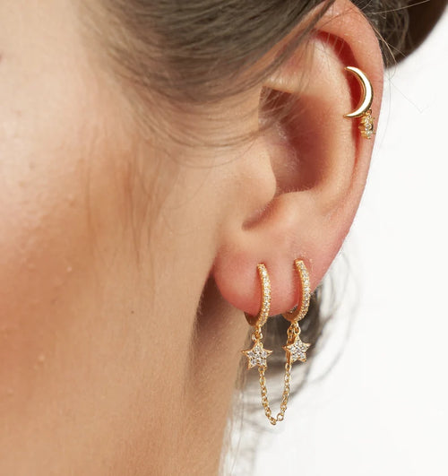 Star Hoops Chain Earrings for Double Piercing