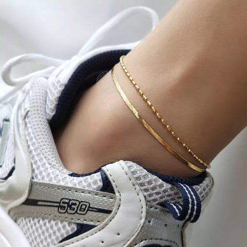 18k Gold Plated Herringbone Chain Two Layers Anklet