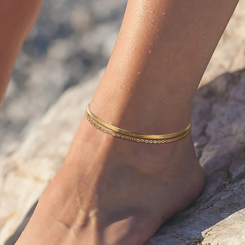 24k Gold Plated Herringbone Chain two Layers Anklet