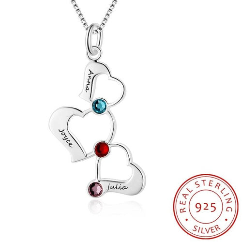 Three Hearts Name Necklace with Birthstones