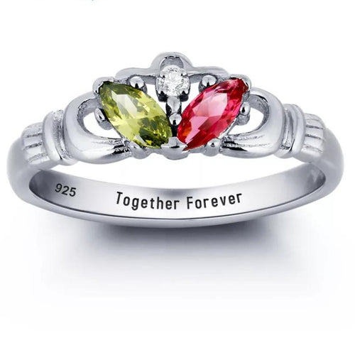 Personalized Sterling Silver Two Birthstones Claddagh Ring