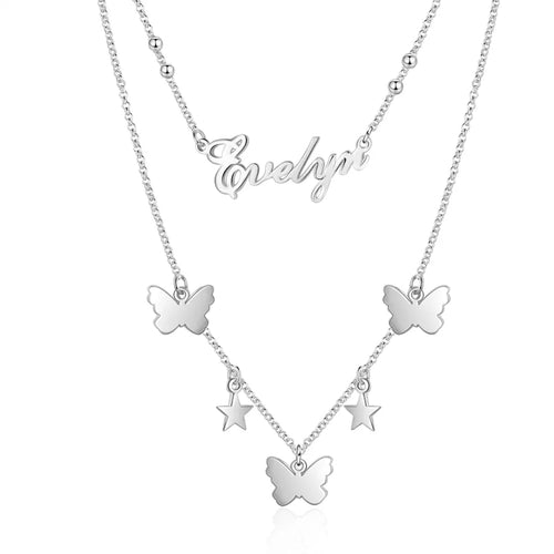 Sterling Silver Double Layer Name Necklace with Butterfly and Stars