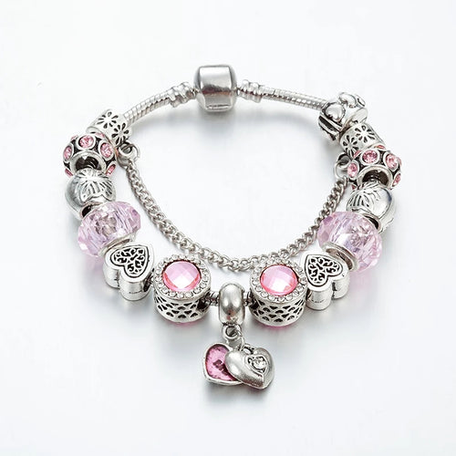 Pink Charm Bracelet for Women, Silver Love Charms Bracelet