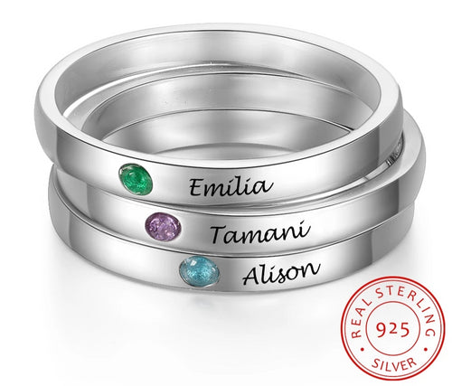 Stackable Birthstone Sterling Silver Rings with Engraving