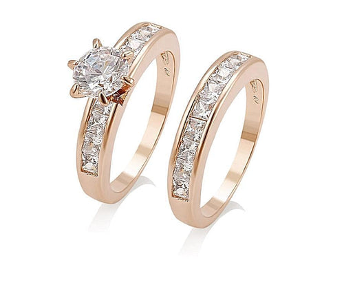 Rose Gold Wedding Engagement Ring Set Round Cubic Zirconia