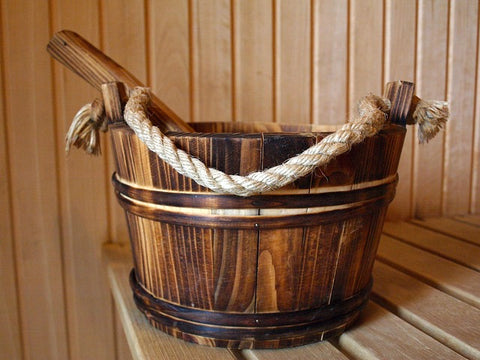 sauna with water bucket