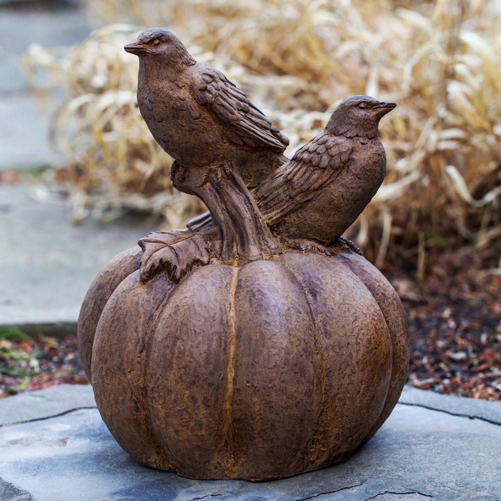  Birds on Pumpkin Cast Stone Garden Statue 