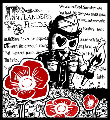 Flanders Field Tribute Mug Fallen Soldier portrayed as Iron Bean Coffee Co mascot Dylan standing in Flanders Field carrying a torch with red poppies