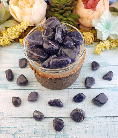 Tumbled iolite stones in glass bowl on wooden log prop