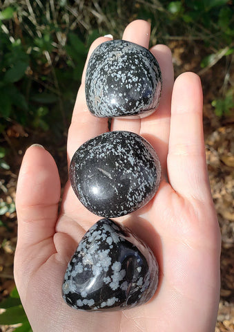 Snowflake obsidian stones in hand