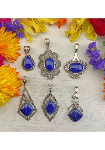 Set of Six Lapis Lazuli Pendants in Sterling Silver