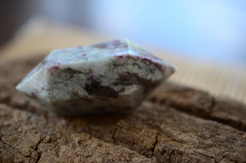 Closeup of Double Terminated Pink Tourmaline on display