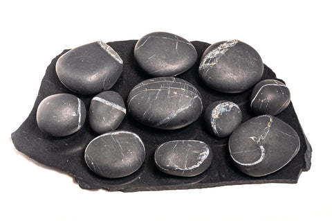 Shungite stones on display