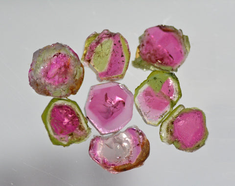 Watermelon tourmaline specimens on display.