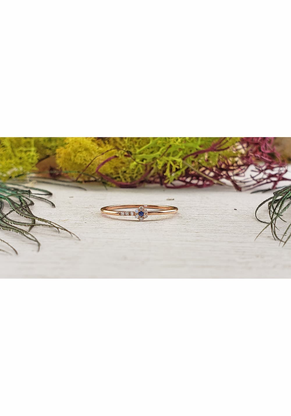 10K ROSE GOLD SAPPHIRE GEMSTONE FLORAL RING WITH WHITE DIAMONDS