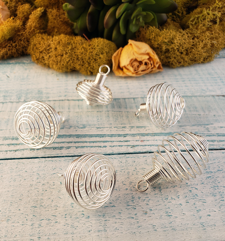 Silver-Colored Metal Spiral Cage Ornament Pendant - Perfect for Holding Gemstones or Orbs! - All Angles